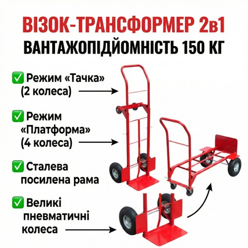 Візок складаний вантажний двоколісний трансформер 2-в-1, ручний і платформний, вантажність до 150 кг