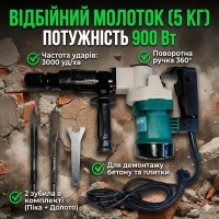 Відбійний молоток електричний 900 Вт (3000 уд/хв): патрон HEX, 2 зубила в комплекті, для демонтажу бетону та плитки