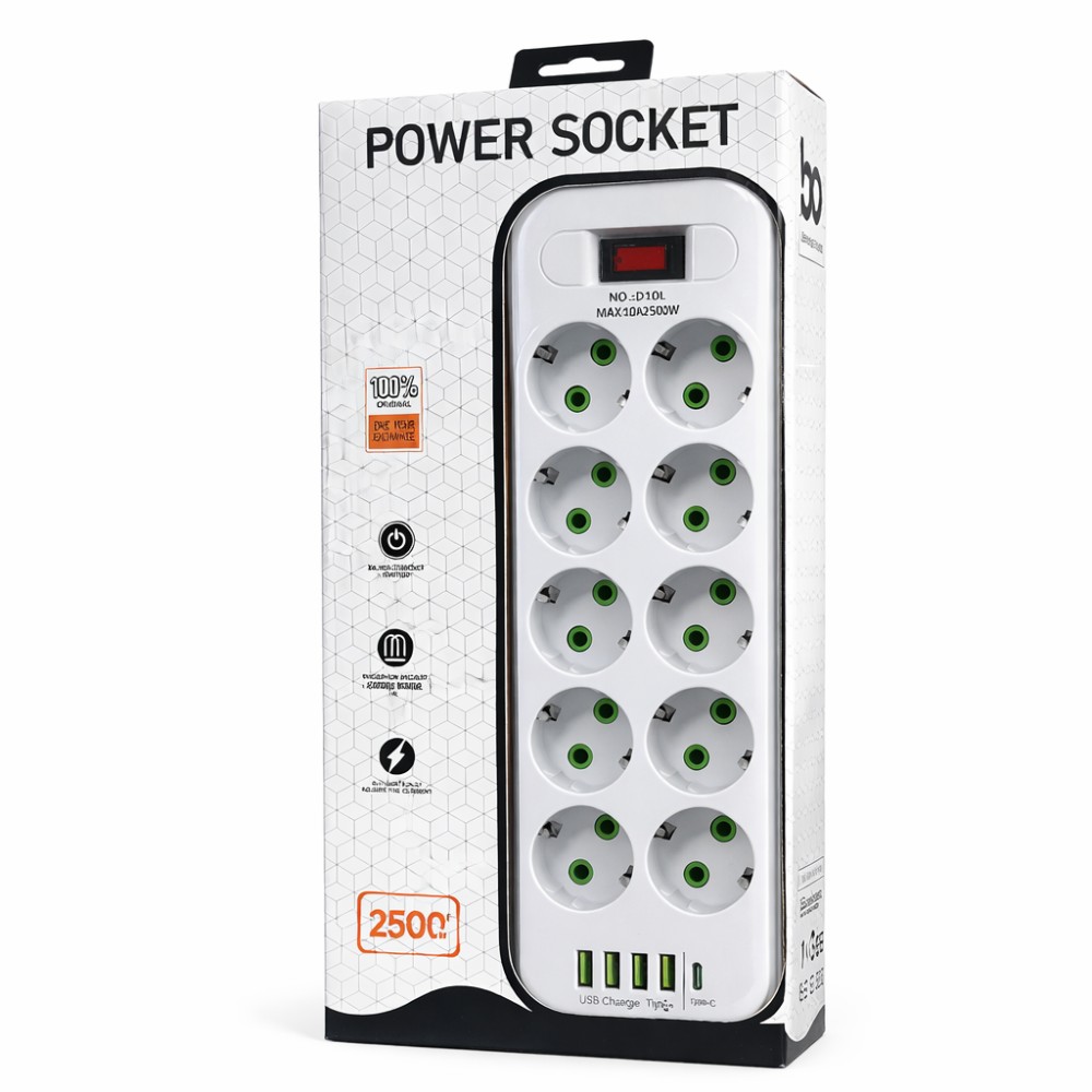 Мережевий подовжувач Power Socket D10 на 10 розеток з вимикачем, 4 USB і Type-C (PD), кабель 5 м, 2500 Вт, LED-індикатор