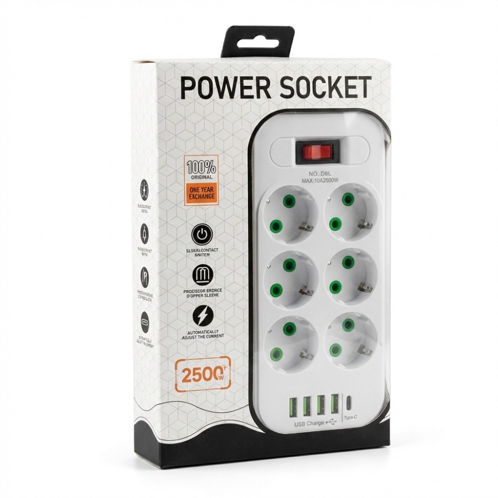 Мережевий подовжувач Power Socket D6 на 6 розеток з вимикачем і LED-індикатором, 4 USB і Type-C (PD), кабель 3 м, 2500 Вт