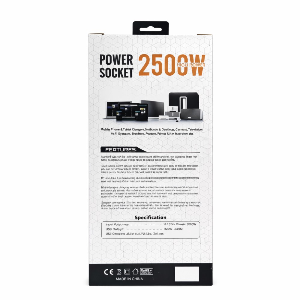 Мережевий подовжувач Power Socket D6 на 6 розеток з вимикачем і LED-індикатором, 4 USB і Type-C (PD), кабель 3 м, 2500 Вт