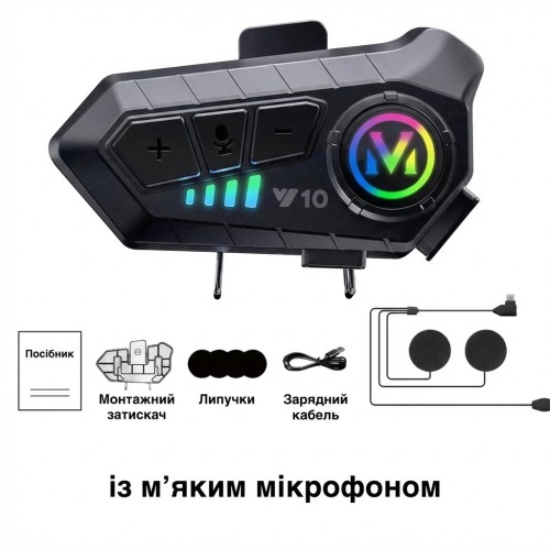 Бездротова мотогарнітура Y10 на шолом із м'яким мікрофоном і Bluetooth 5.3 + аксесуари, чорна