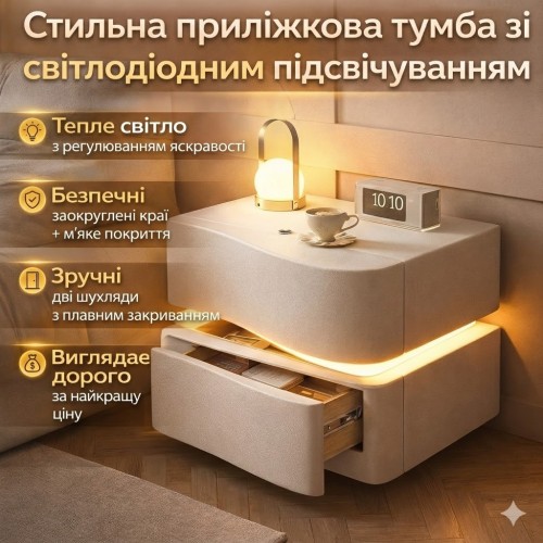 Приліжкова тумба з екошкіри з LED-підсвіткою та двома висувними шухлядами (світла)