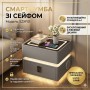 Смарт-тумба прикроватна YJXF01 Grey із сейфом, LED-підсвіткою та USB-портами (Сіра екошкіра / Загартоване скло)