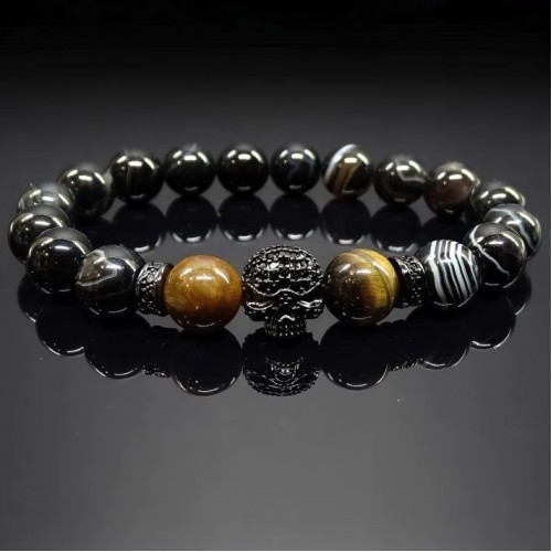 Чоловічий браслет із натурального каменю чорний агат та тигрове око