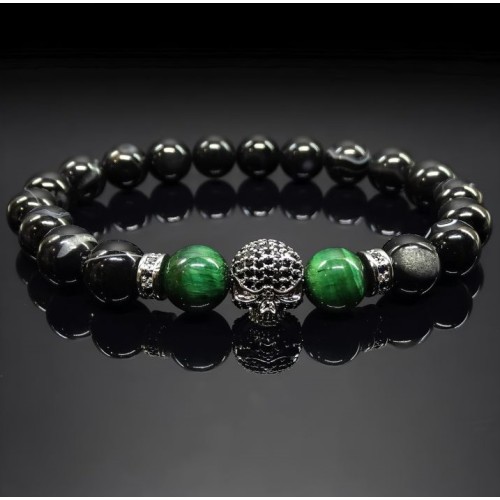 Чоловічий браслет із натурального каменю чорний агат та тигрове око