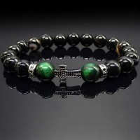 Чоловічий браслет із натурального каменю чорний агат та тигрове око