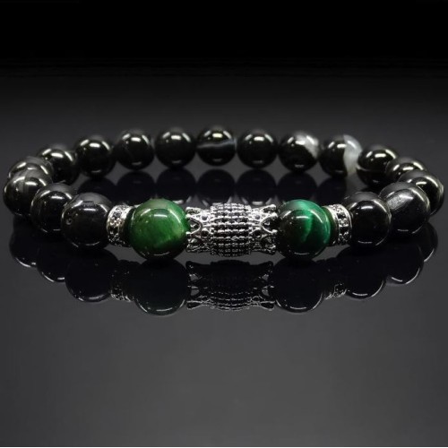 Чоловічий браслет із натурального каменю чорний агат та тигрове око