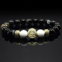 Чоловічий браслет із натурального каменю чорний агат та кахолонг