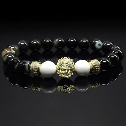 Чоловічий браслет із натурального каменю чорний агат та кахолонг