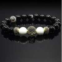 Чоловічий браслет із натурального каменю чорний агат та кахолонг