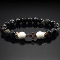 Чоловічий браслет із натурального каменю чорний агат та кахолонг