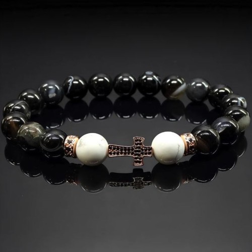 Чоловічий браслет із натурального каменю чорний агат та кахолонг