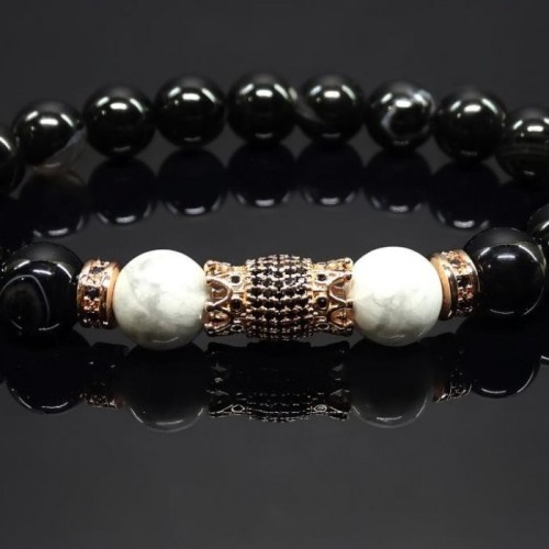 Чоловічий браслет із натурального каменю чорний агат та кахолонг