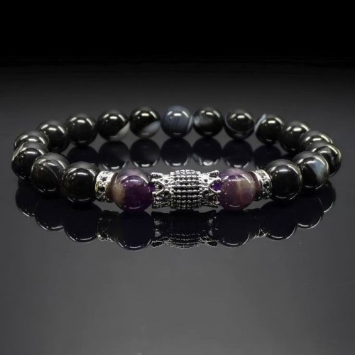 Чоловічий браслет із натурального каменю чорний агат та аметист