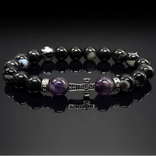 Чоловічий браслет із натурального каменю чорний агат та аметист