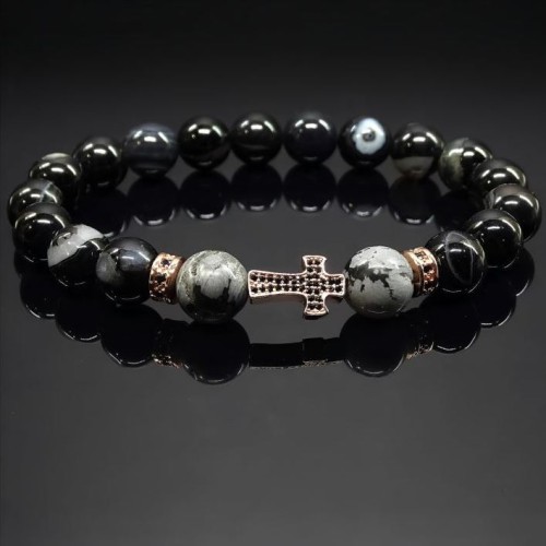 Чоловічий браслет із натурального каменю чорний агат та обсидіан