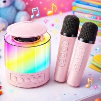 Портативная колонка K19 Bluetooth с LED-подсветкой и 2 микрофонами, караоке Розовая
