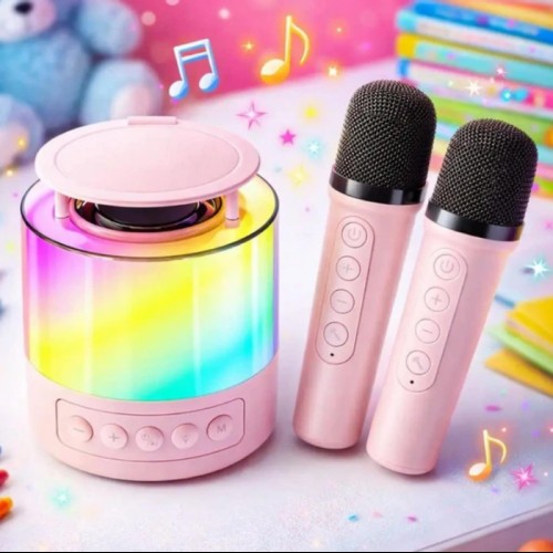 Портативная колонка K19 Bluetooth с LED-подсветкой и 2 микрофонами, караоке Розовая