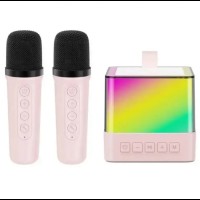 Портативная колонка K18 Bluetooth с LED-подсветкой и 2 микрофонами, караоке Розовая