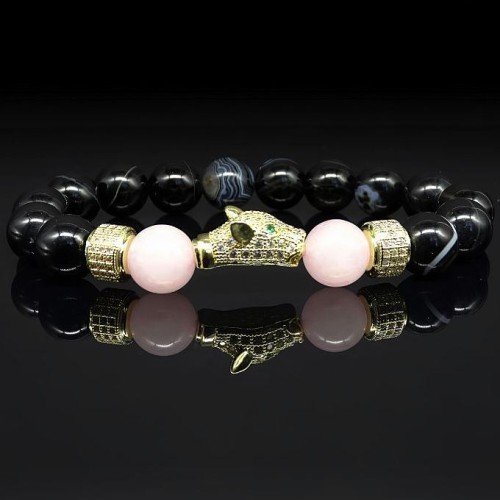 Браслет із натурального каменю агат чорний та рожевий кварц