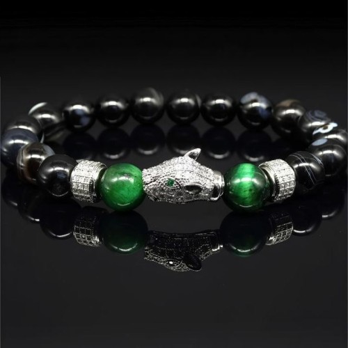 Браслет із натурального каменю агат чорне та зелене тигрове око