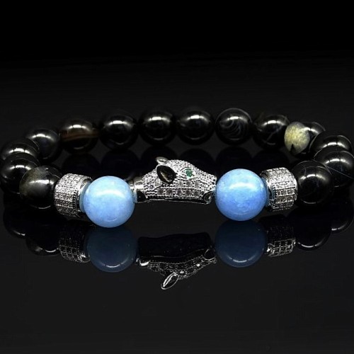 Браслет із натурального каменю агат чорний та блакитний агат