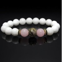 Браслет із натурального каменю нефрит білий та рожевий кварц