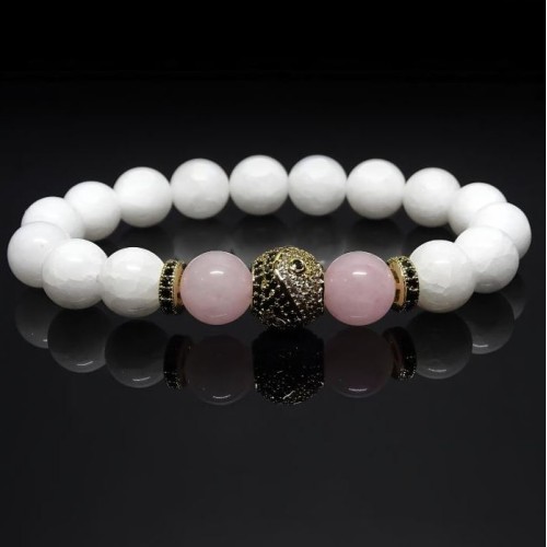 Браслет із натурального каменю нефрит білий та рожевий кварц