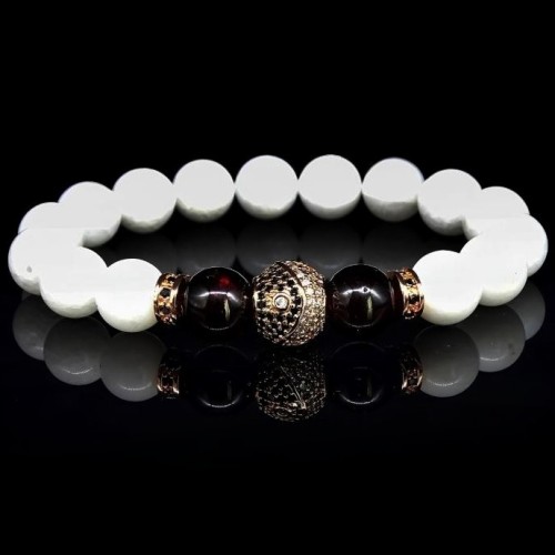 Браслет із натурального каменю нефрит білий та гранат