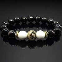 Браслет із натурального каменю агат чорний та кахолонг