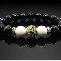 Браслет із натурального каменю агат чорний та кахолонг