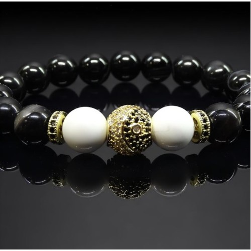 Браслет із натурального каменю агат чорний та кахолонг