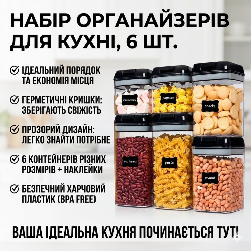 Набір контейнерів для зберігання сипучих продуктів Food Storage Container, 6 шт., герметичні пластикові ємності з кришками