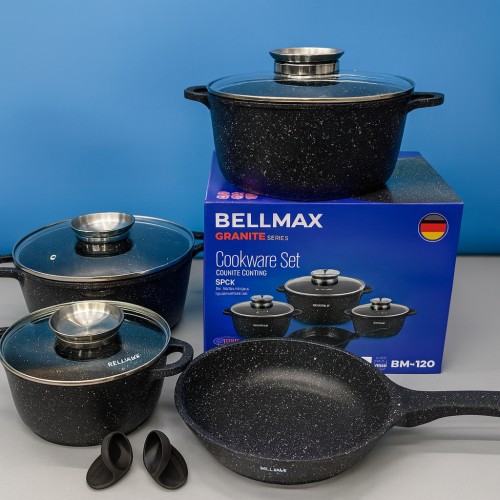 Набір кухонного посуду Bellmax BM-120 Чорний з литого алюмінію з гранітним покриттям, 9 предметів