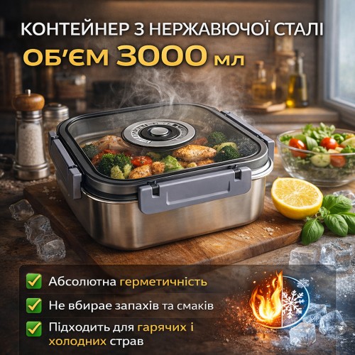 Контейнер харчовий з нержавіючої сталі з герметичною кришкою 3000 мл 20687-15 A, сірий