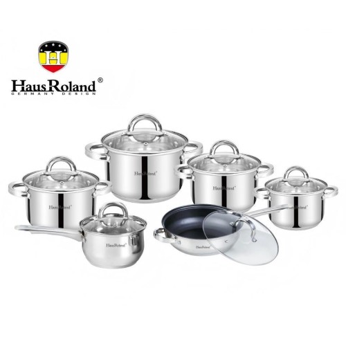 Набір посуду Haus Roland HR101-2, 12 предметів із неіржавкої сталі: каструлі 1,9/2,7/3,6/6,1 л, ківш 1,9 л, сковорода 2,9 л (HR101