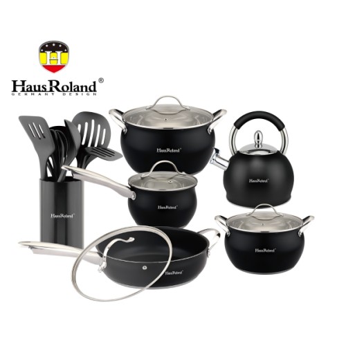 Набір посуду Haus Roland HR126-1, 18 предметів із неіржавкої сталі: каструлі 3,6/6,0 л, ківш 1,9 л, сковорода 2,9 л, чайник 3,0 (