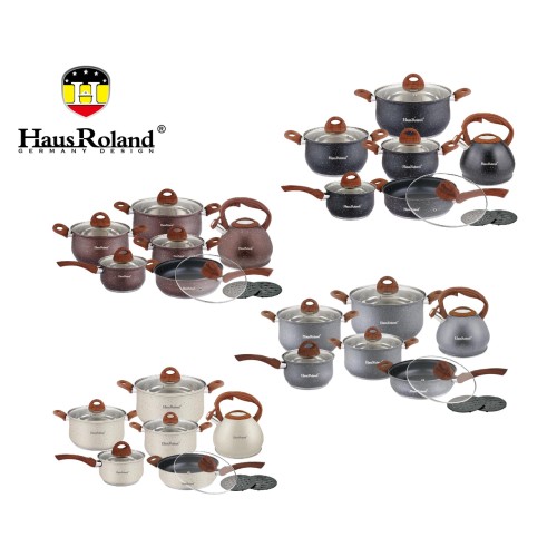 Набір посуду Haus Roland HR120-1 (14 предметів) з нержавіючої сталі: каструлі 2,6/3,6/6,1 л; ківш 1,9 л; сковорідка 2,9 л; чайник