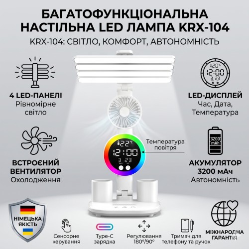 Настільна LED-лампа з 4 панелями, вентилятором і дисплеєм KRX-104