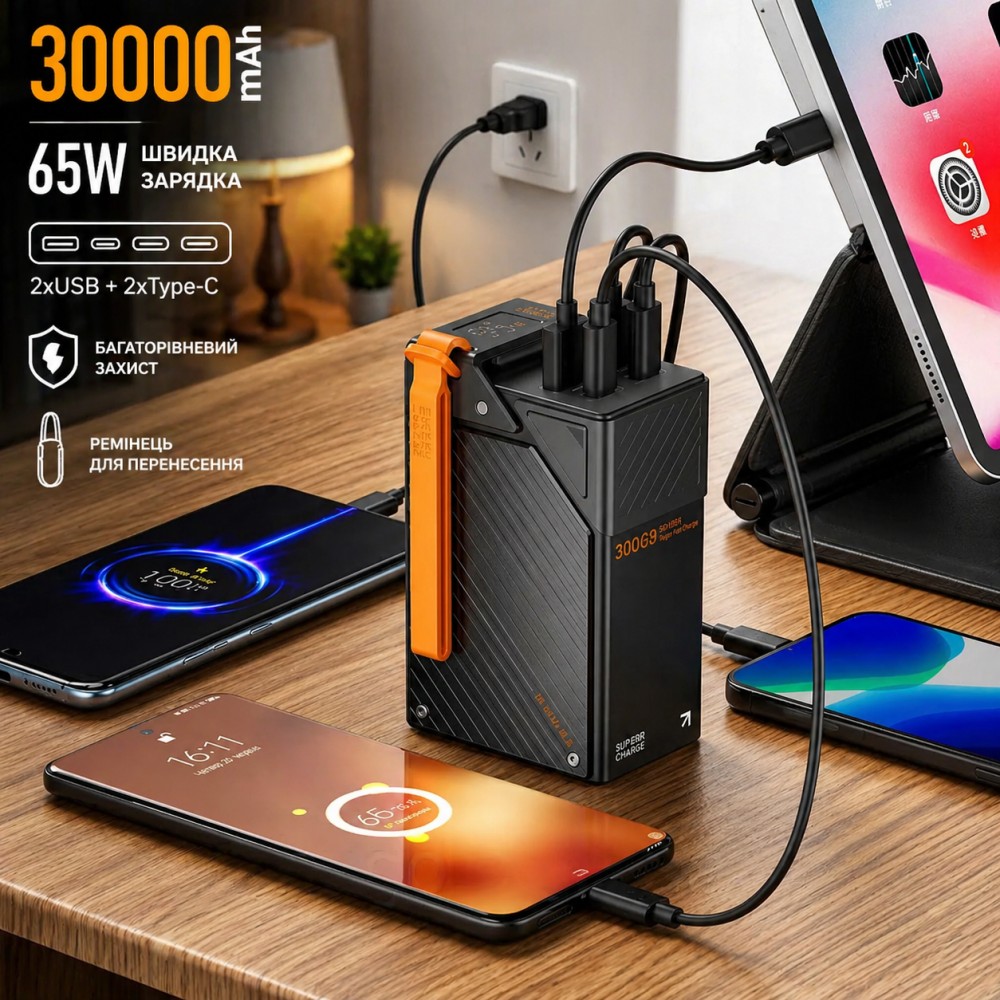 Повербанк TUGII Y365 30000 mAh 65W чорний із 2 USB, 2 Type-C та ремінцем для телефону й ноутбука