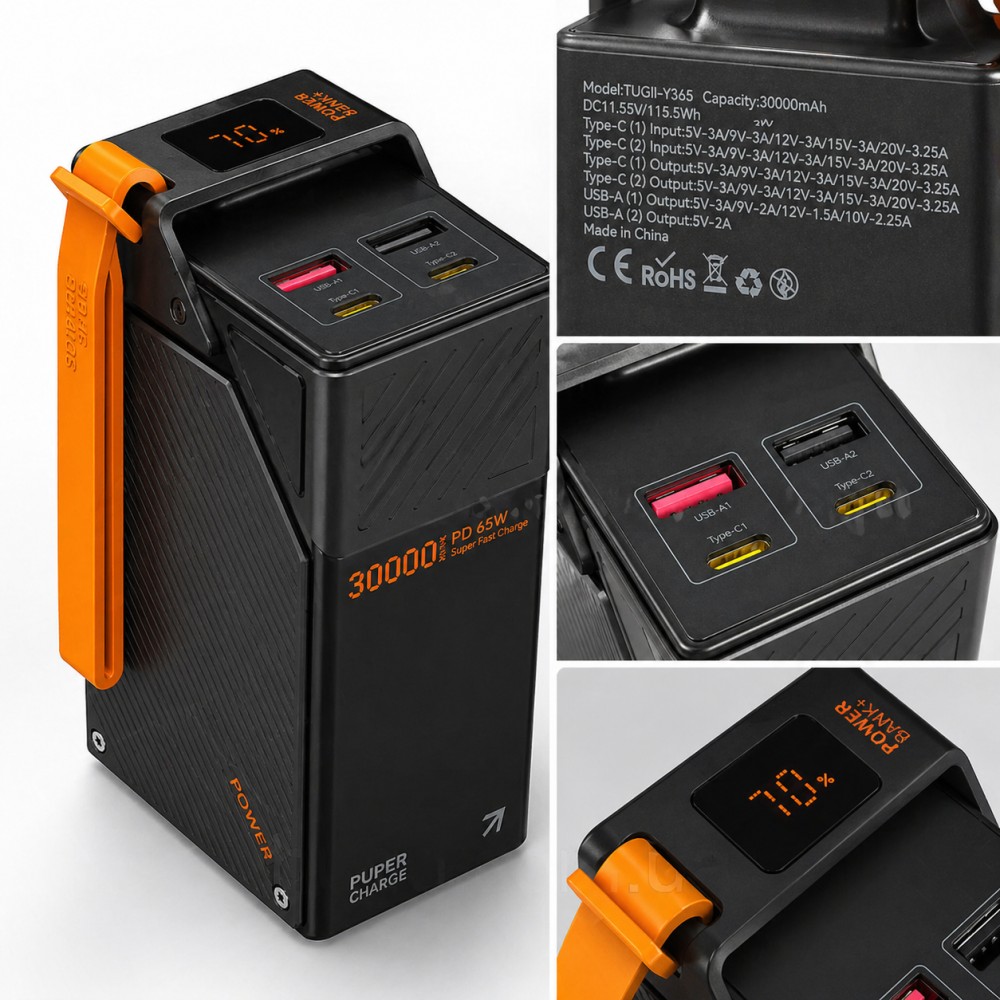 Повербанк TUGII Y365 30000 mAh 65W чорний із 2 USB, 2 Type-C та ремінцем для телефону й ноутбука