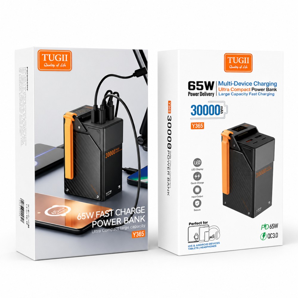 Повербанк TUGII Y365 30000 mAh 65W чорний із 2 USB, 2 Type-C та ремінцем для телефону й ноутбука