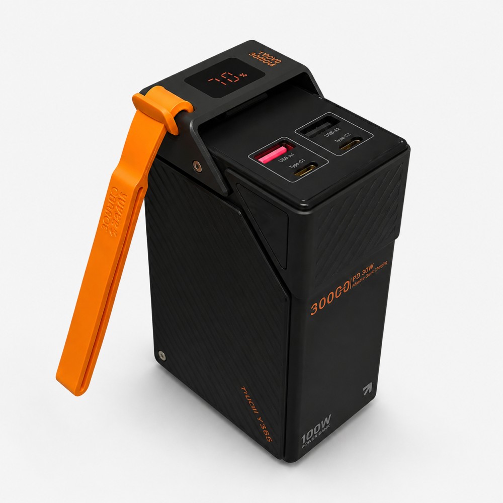 Повербанк TUGII Y365 30000 mAh 65W чорний із 2 USB, 2 Type-C та ремінцем для телефону й ноутбука