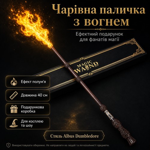Магічна паличка з вогнем Albus Dumbledore FW1 40 см, чарівна паличка в стилі Гаррі Поттера, що стріляє вогнем, подарунковий набір