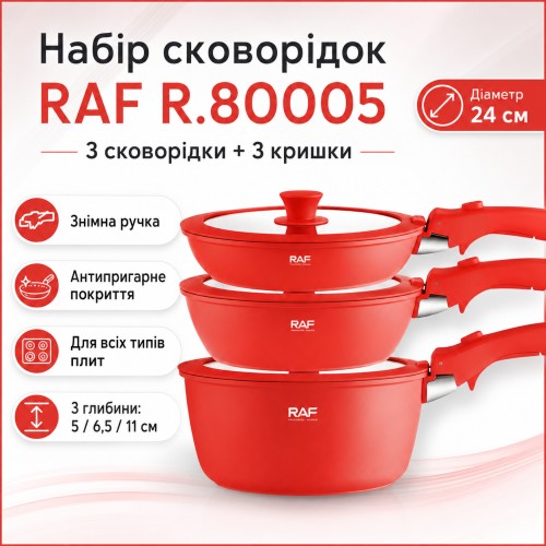 Набір алюмінієвих сковорідок 3+3 шт зі знімною ручкою та кришками RAF R.80005 Червоний