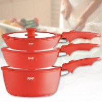 Набор алюминиевых сковород 3+3 шт со съемной ручкой и крышками RAF R.80005 Красный