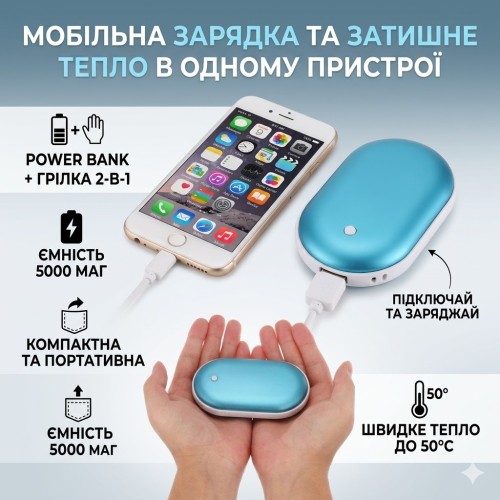 Грілка для рук і повербанк 2 в 1 Pebble hand warmer Грілка-повербанк 5000 mAh Power Bank з підігрівом