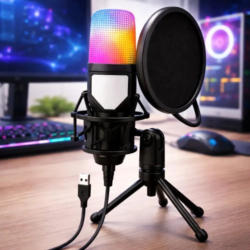Конденсаторний мікрофон із попфільтром і RGB-підсвіткою, від USB, Чорний/Ігровий мікрофон для ПК/ Мікрофон для подкастів