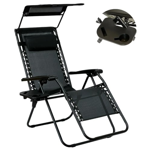 Садове Крісло Шезлонг, до 120 кг, Складаний Шезлонг для Дачі Zero Gravity XXL (з підстакаником), чорний